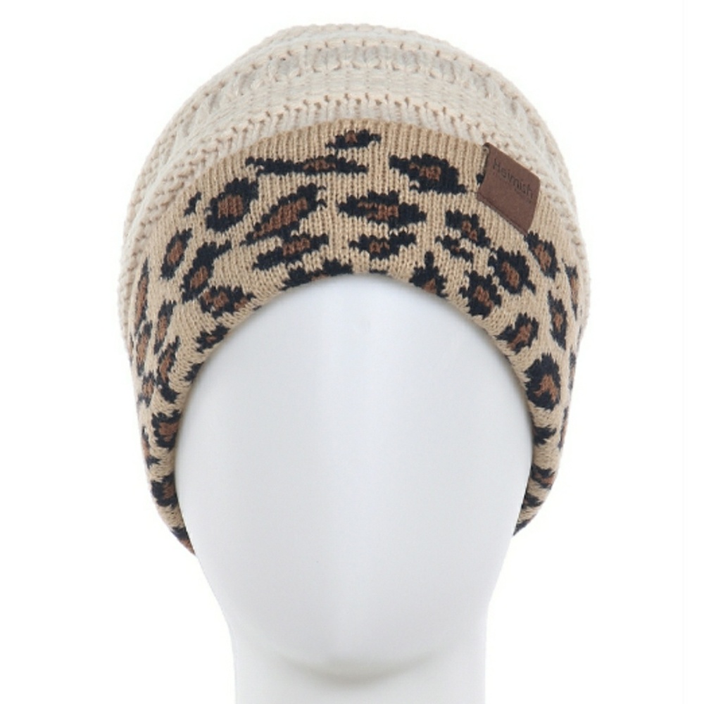 LAST ONE! Leopard Cheetah Animal Print Trim Knit Beanie Hat - Picture 3 of 5